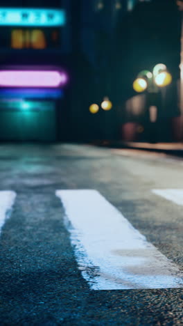 a rainy night in the city with neon lights and a crosswalk in the foreground