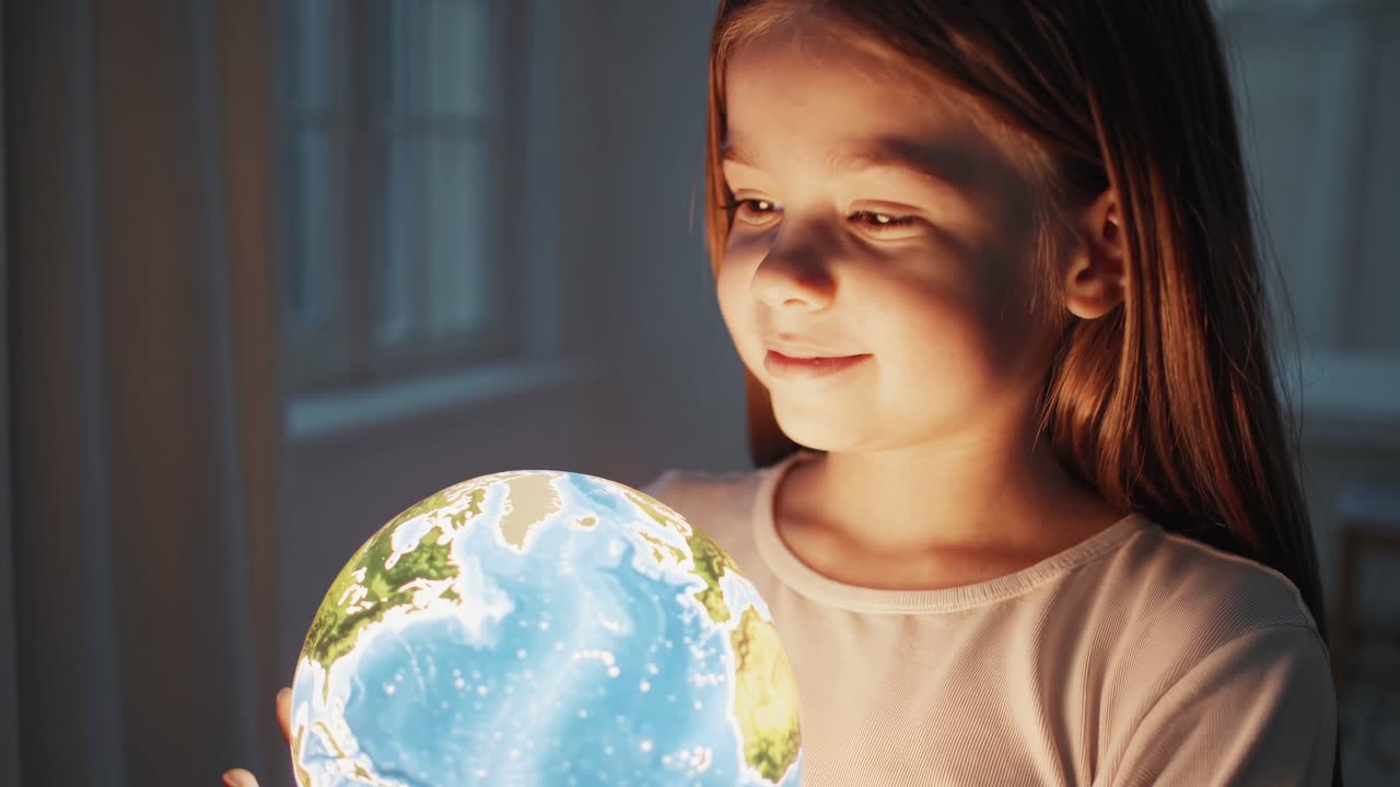 niño mirando un globo iluminado