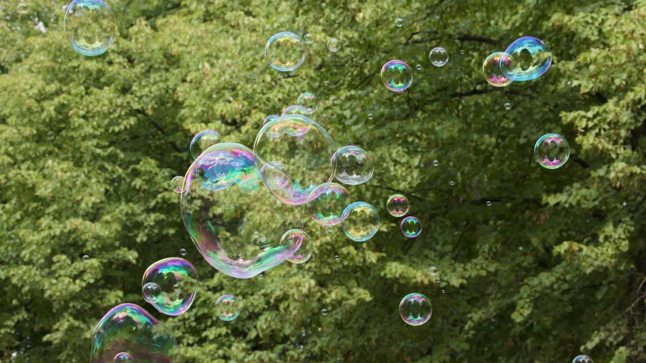 Bolle di sapone iridescenti e colorate fluttuano lentamente tra i rigogliosi alberi di un parco in una giornata di sole