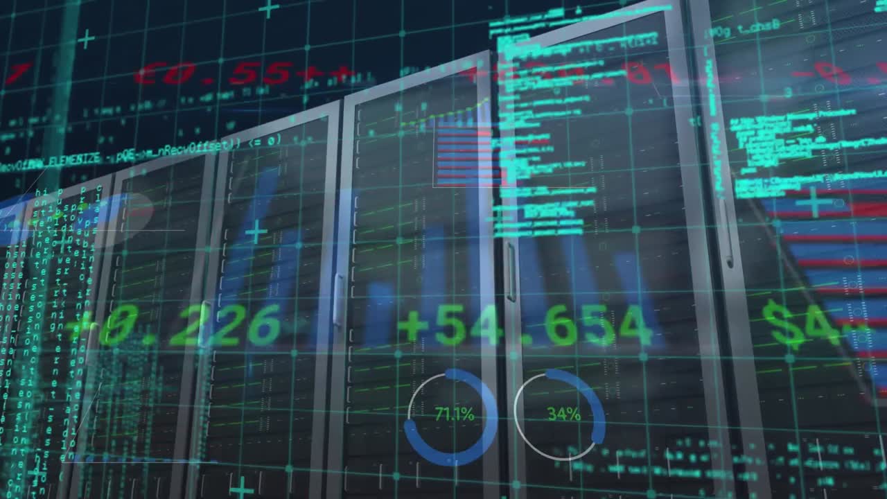 animación del procesamiento de datos y diagrama sobre la sala del servidor