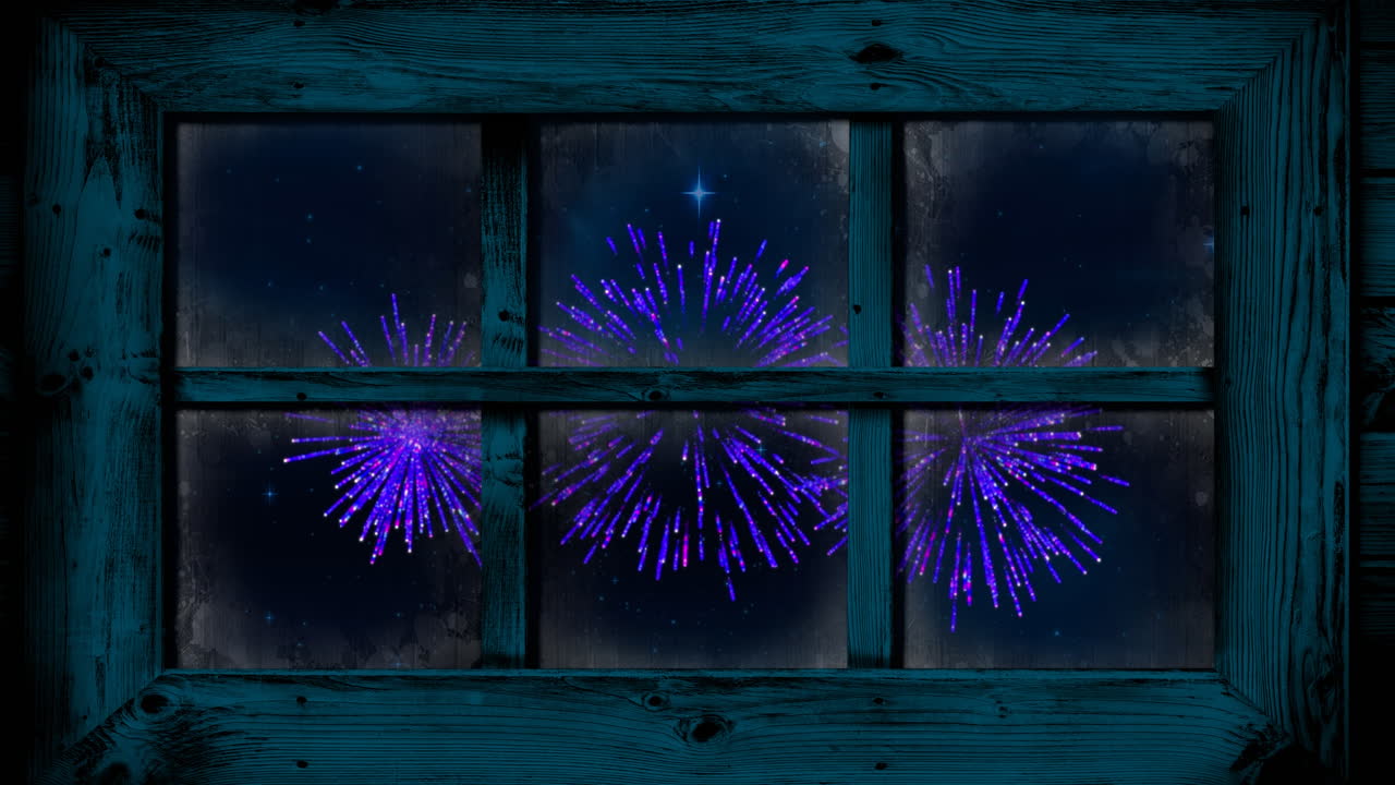 보라색 크리스마스와 새해 불꽃놀이가 밤하늘에서 폭발하는 창문의 애니메이션