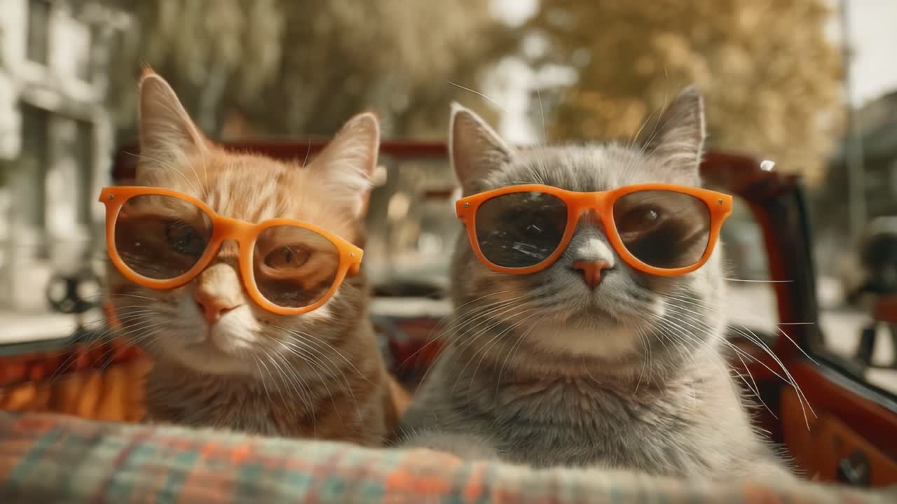 Two Adorable Cats in Stylish Sunglasses Enjoying a Ride Together in a Vintage Car, Capturing the Essence of Friendship and Adventure on a Sunny Day