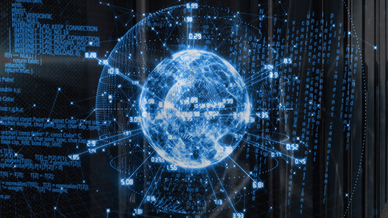Animation of digital globe with data and binary code, showing global connectivity