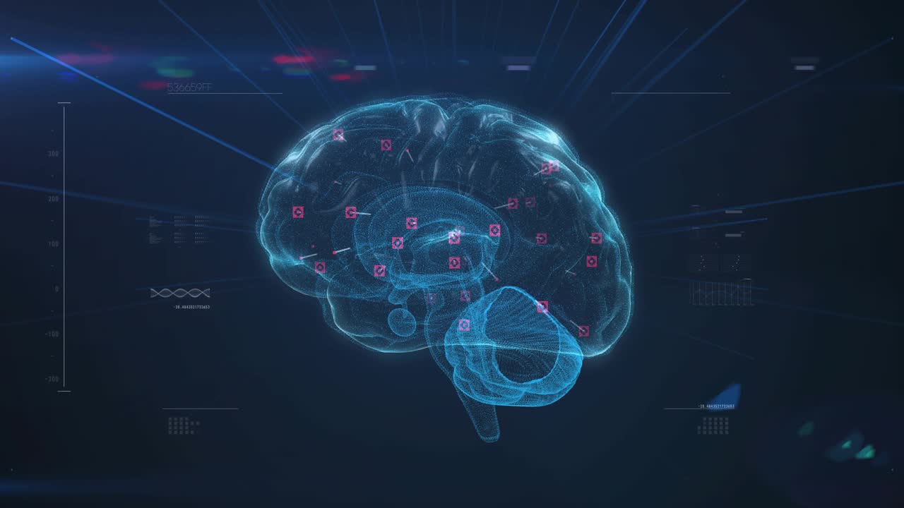 Analytics bubbles arriving from right, holo brain rotating, nodes lighting, mapping counts to lobes
