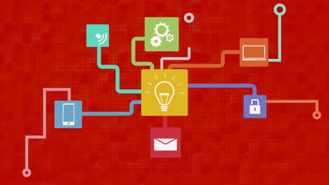 animación de la red de iconos y procesamiento de datos digitales sobre fondo rojo