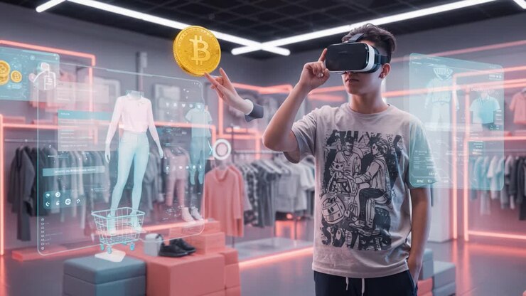 Un giovane appassionato di moda che si impegna in un'esperienza di shopping virtuale con visore VR e transazioni in criptovaluta in un moderno ambiente di vendita al dettaglio
