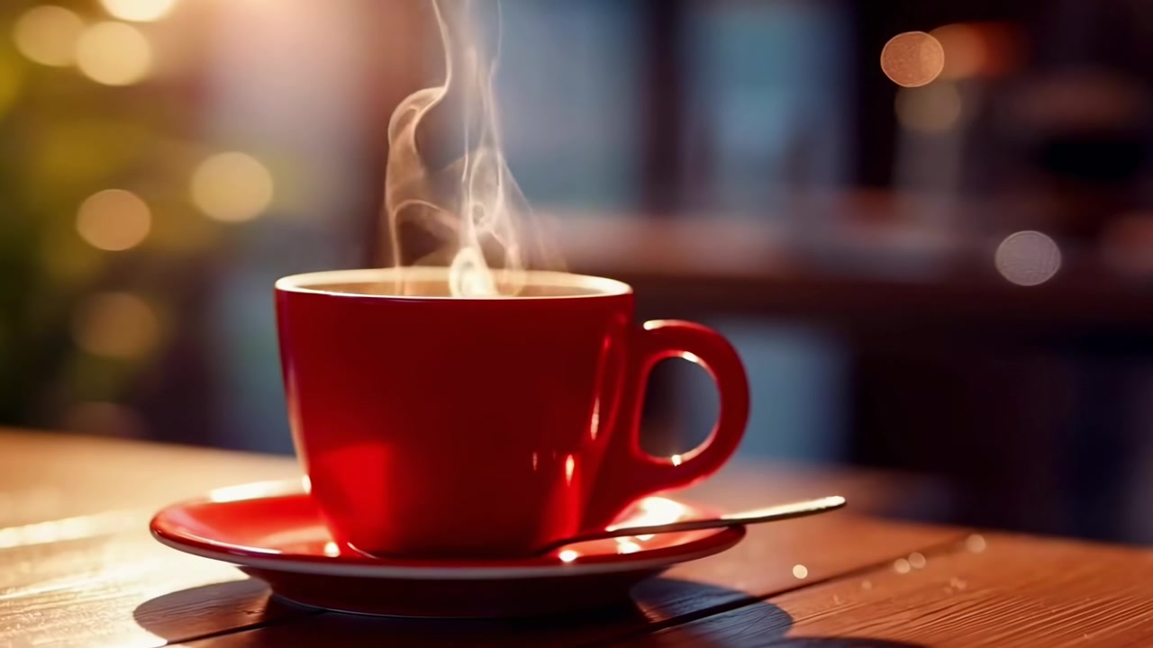 Café Quente Fumegante em uma Xícara Vermelha sobre uma Mesa de Madeira
