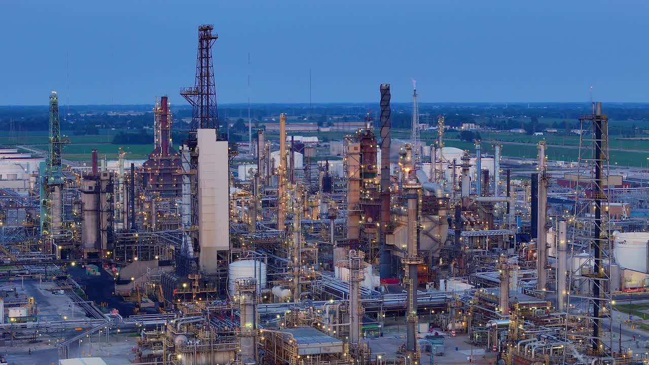 Aerial tilt up of Cenovus Toledo Refinery in twilight showing detailed towers and illuminated structures