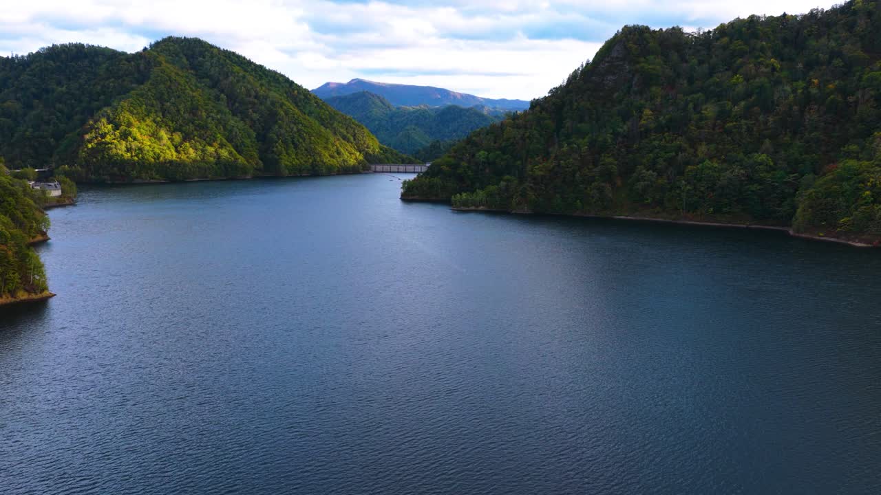 Aerial View of Sapporo Dam in Fall, Beautiful Countryside of Hokkaido Japan