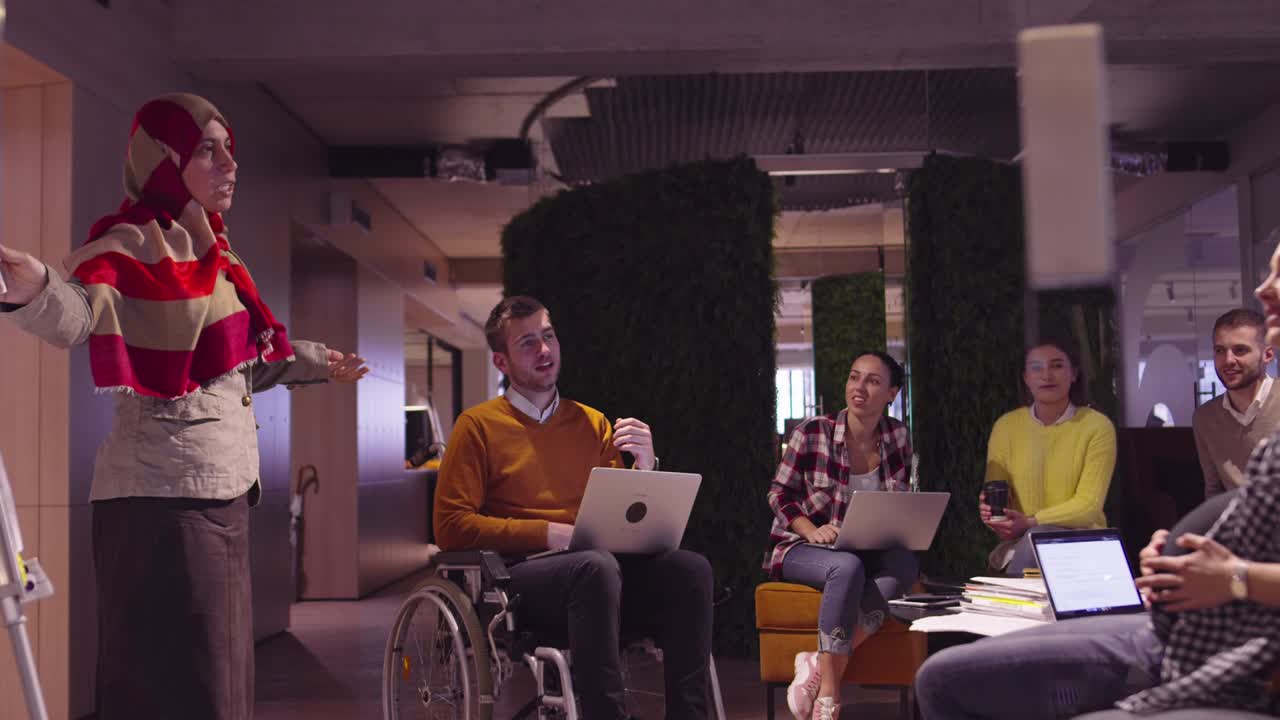 mujer musulmana en una moderna oficina de coworking de espacio abierto dando una presentación al equipo. mujer de negocios árabe de oriente medio en una oficina de startup creativa. empresario discapacitado en silla de ruedas en una reunión de equipo