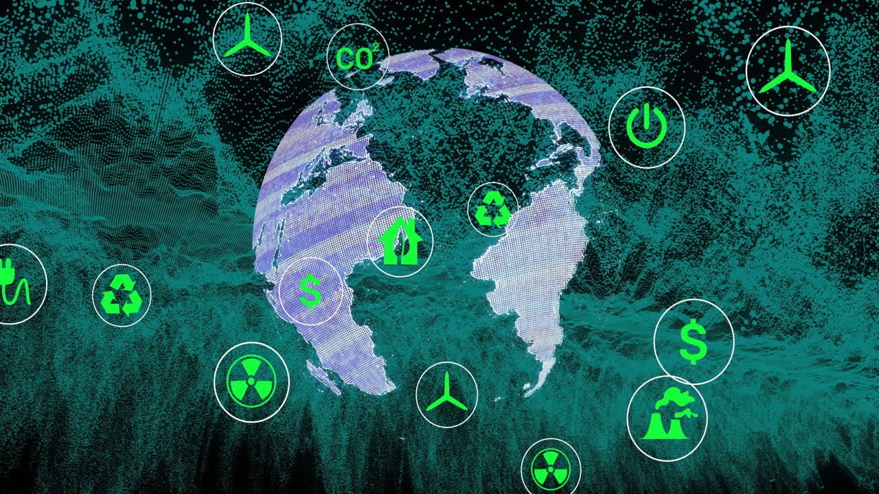 지속가능성 아이콘과 녹색 에너지 기호 - 디지털 세계에 대한 애니메이션