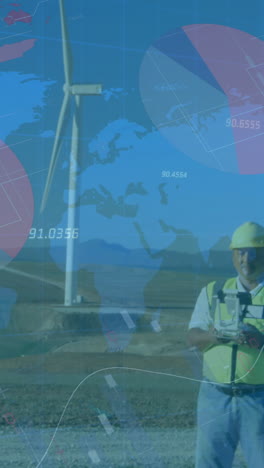 animación de estadísticas y procesamiento de datos sobre turbinas eólicas e ingeniero en fondo azul