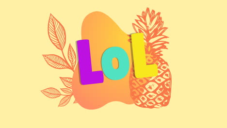 animation of lol over pineapple and orange shape on yellow background