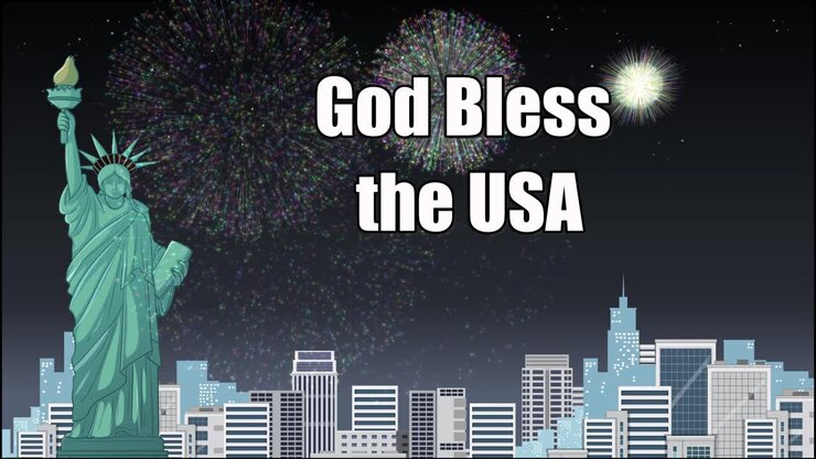 Animated fireworks burst over the New York City skyline and Statue of Liberty at night