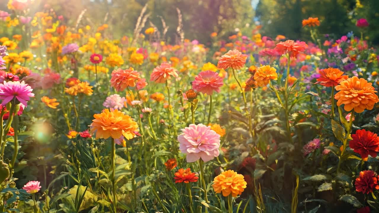 Video vivace di un prato di fiori selvatici in piena fioritura, catturato da una bassa angolazione, che mostra immagini colorate
