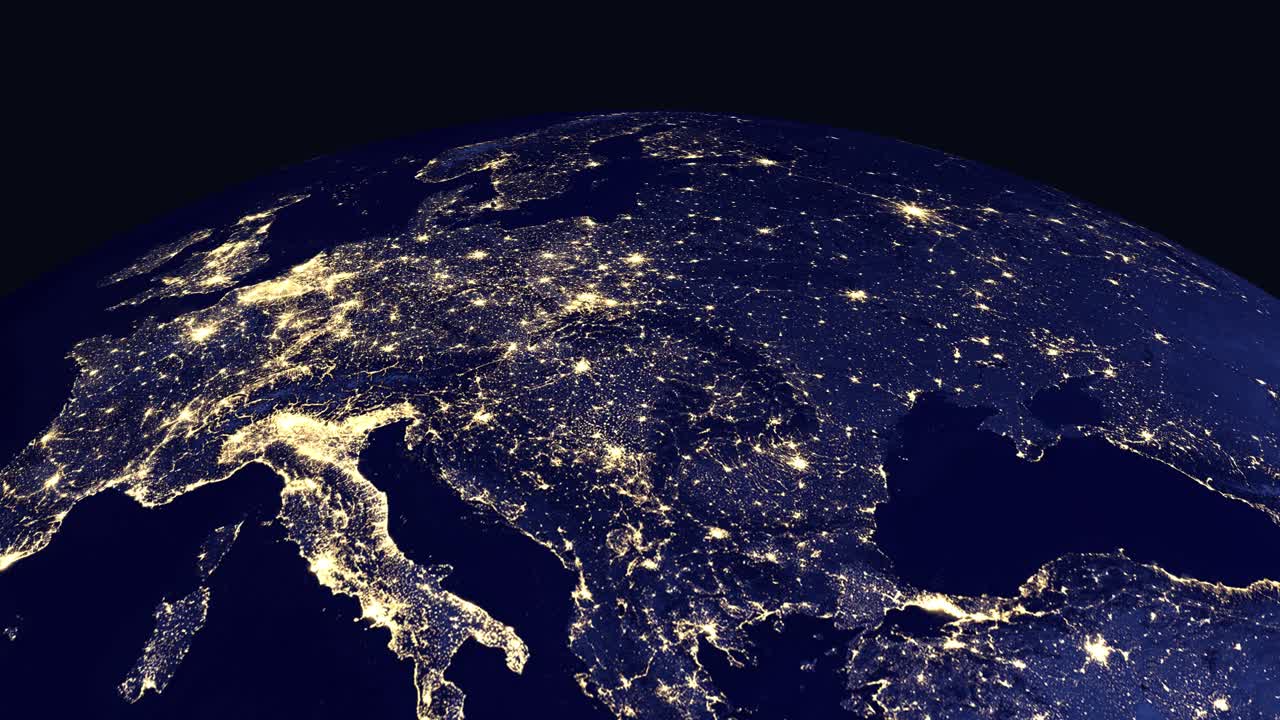 Digital animation zooms from outer space into a nighttime view of Europe and Vienna Austria