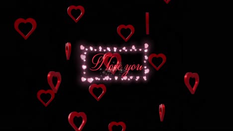 animation of i love you text over red hearts and light spots on black background