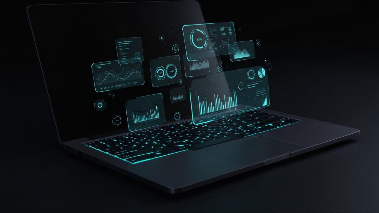 A futuristic laptop display showcasing innovative data visualization with glowing graphs, charts, and analytics interfaces, emphasizing the power of technology in modern analysis