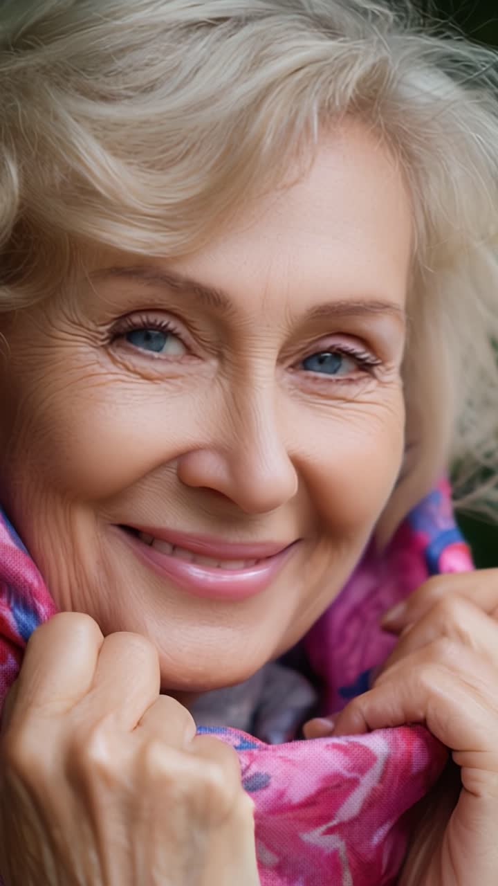 A joyful elderly woman with a warm smile, gently holding a colorful scarf around her neck, radiating happiness and beauty in a serene outdoor setting