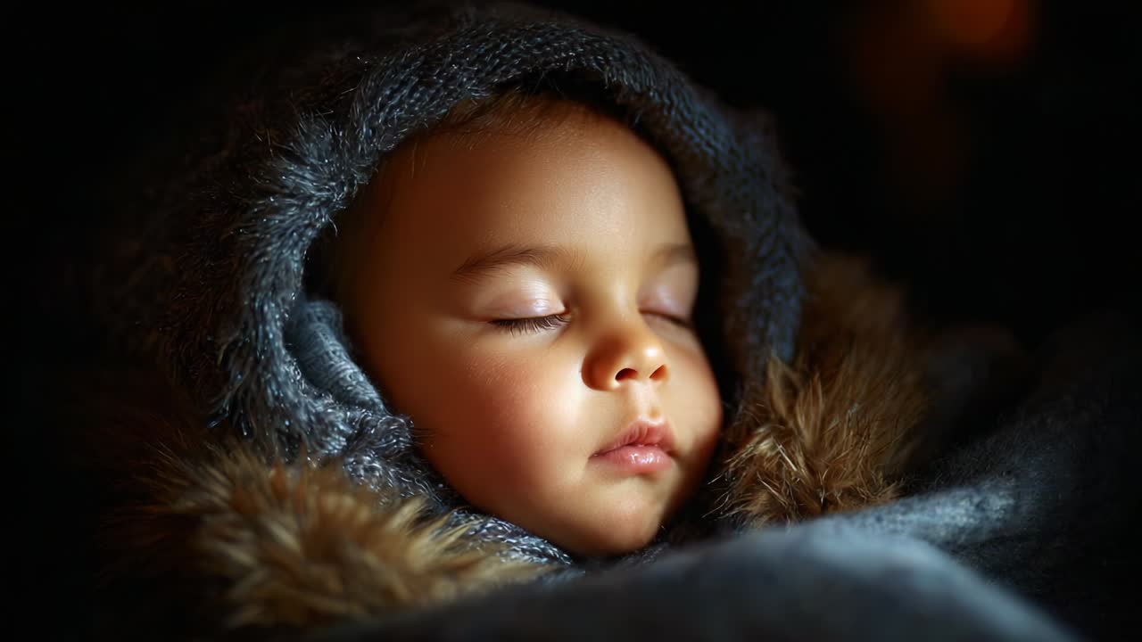 Fredfylte øyeblikk: Et nærbilde av en sovende baby tullet inn i et koselig teppe med hette, som fremhever de myke trekkene og det rolige uttrykket til et barn som er fortapt i drømmeland