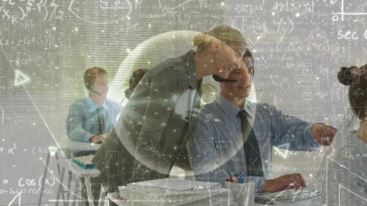 전화 헤드 ⁇ 을 사용하는 비즈니스 사람들을 통해 연결 네트워크의 애니메이션