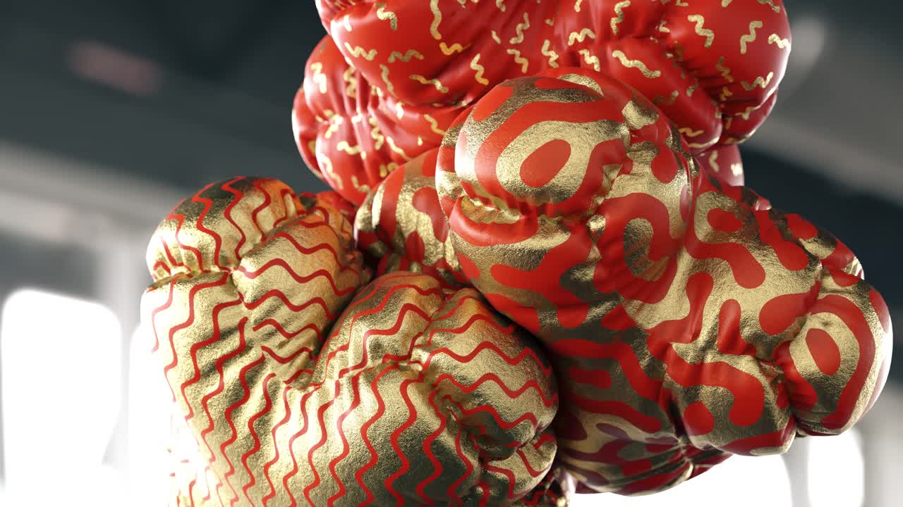 Heap of golden and plastic soft bodies spinning around. 3d animation