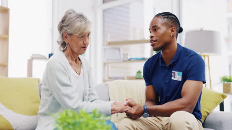 black man, caregiver or old woman holding hands