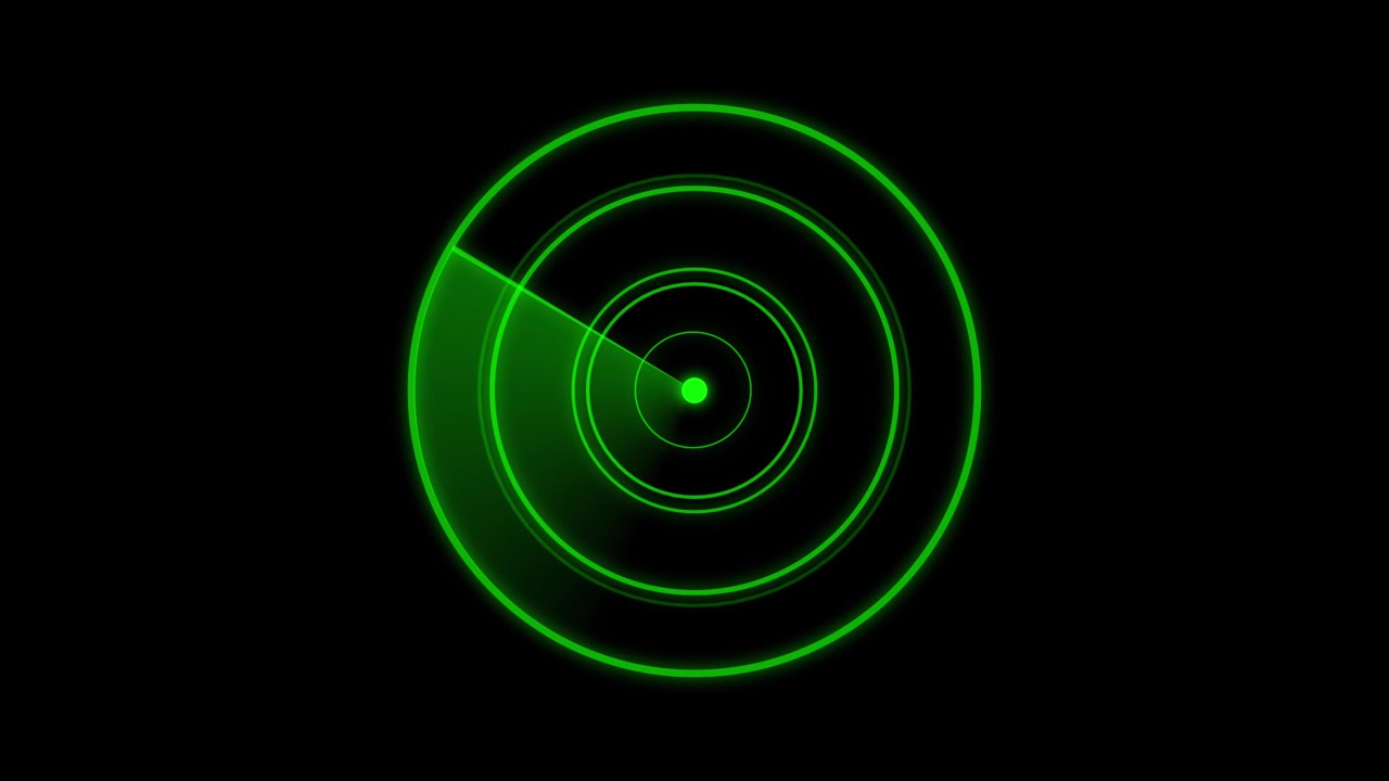 Schermo radar verde animato con scansione su sfondo nero