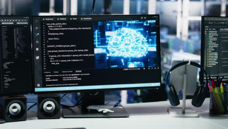 data center computers showing neural network visualization and code
