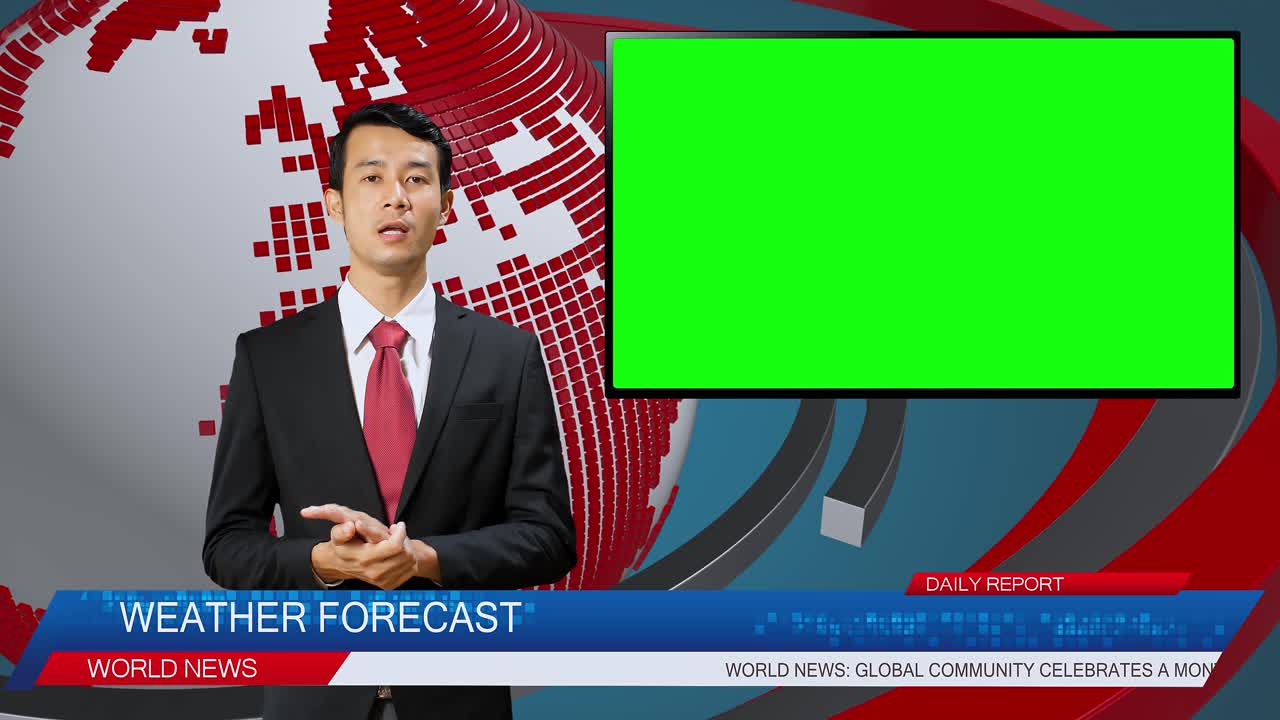 Live News Studio With Male Anchor Reporting On The Weather Forecast, Video Story Show Green Chroma Key Screen Placeholder Copy Space.Television Newsroom Channel With Professional Presenter