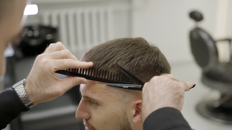 Un uomo che si taglia i capelli in un barbiere