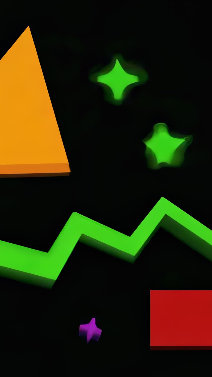 Vertical video: Pushing large orange triangular prism from left, revealing digital art, copy space