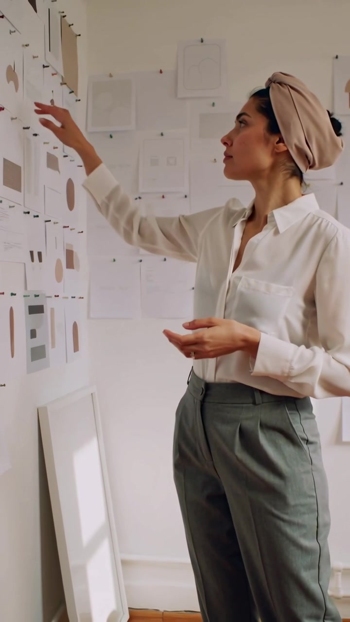 Video verticale: Designer con turbante che esamina una parete con appunti e sistema campioni in studio, con spazio per il testo