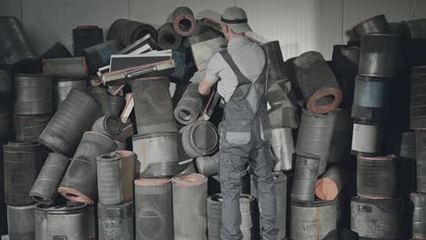 used engine air filter pile in workshop.