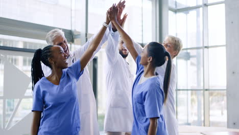 high five, nurses or doctors with medical success