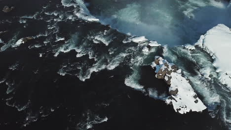 beautiful drone shot of frozen waterfall in iceland