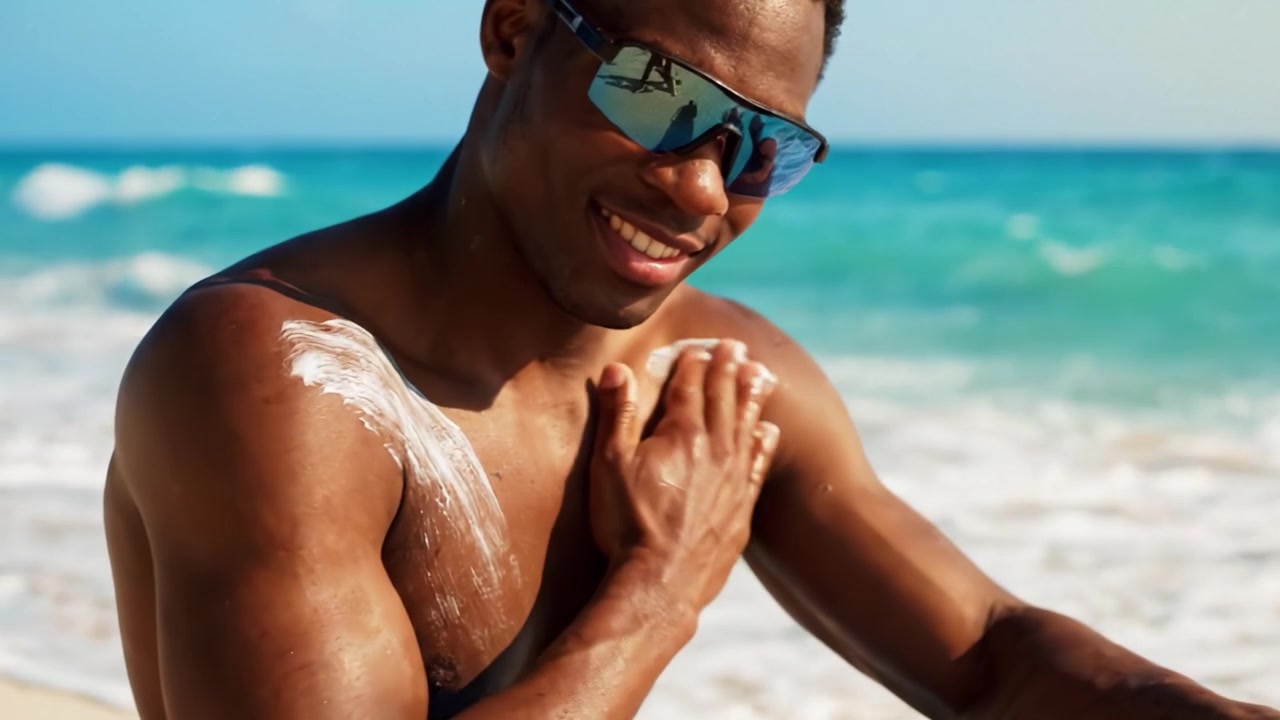 Enjoying Summer Sunshine: A Relaxed Man Applies Sunscreen at the Beach, Embracing the Joys of Sun Protection and Coastal Vibes