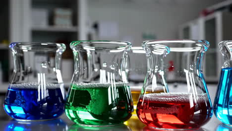 colorful liquids in laboratory beakers