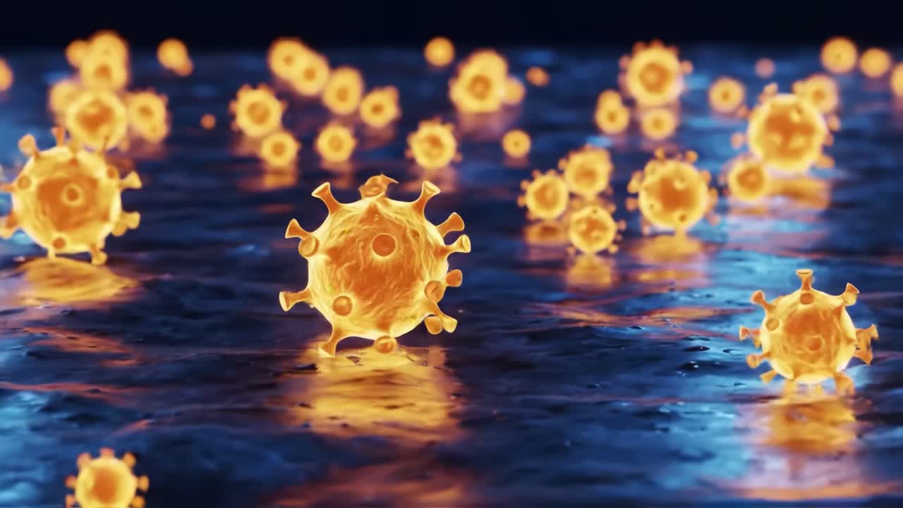 Close-up Visualization of Viruses in a Fluid Environment, Featuring a Dense Cluster of Iconic Viral Structures on a Reflective Surface