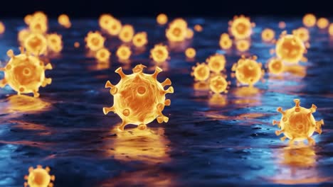 close-up visualization of viruses in a fluid environment, featuring a dense cluster of iconic viral structures on a reflective surface