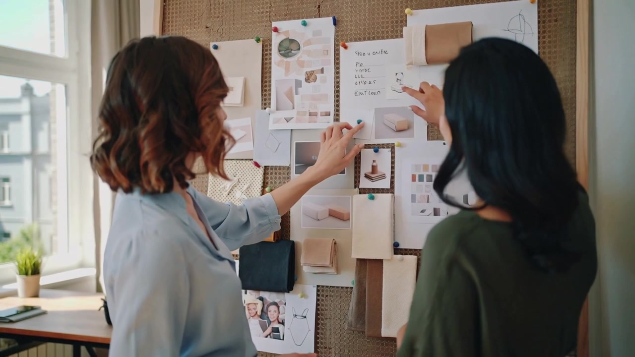 Pointing, two women in blue blouse and green top adjusting cork pinboard at office, planning design