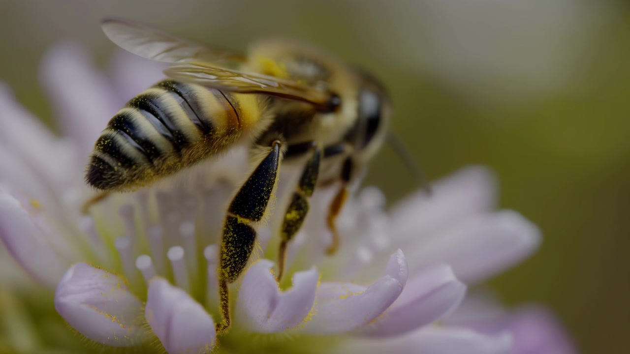 Closeup Bee Pollination On Blossom Gathers Amber Pollen On Legs Against Soft Bokeh Active Forager Behavior