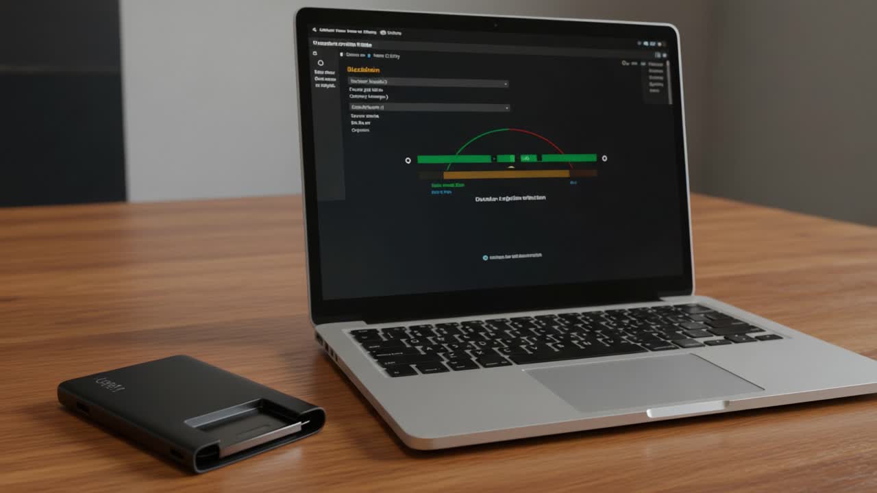 A sleek laptop displaying a focus on user interface settings, alongside a modern external drive on a polished wooden desk, embodying a blend of technology and productivity