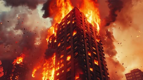 a tall building is engulfed by flames and smoke