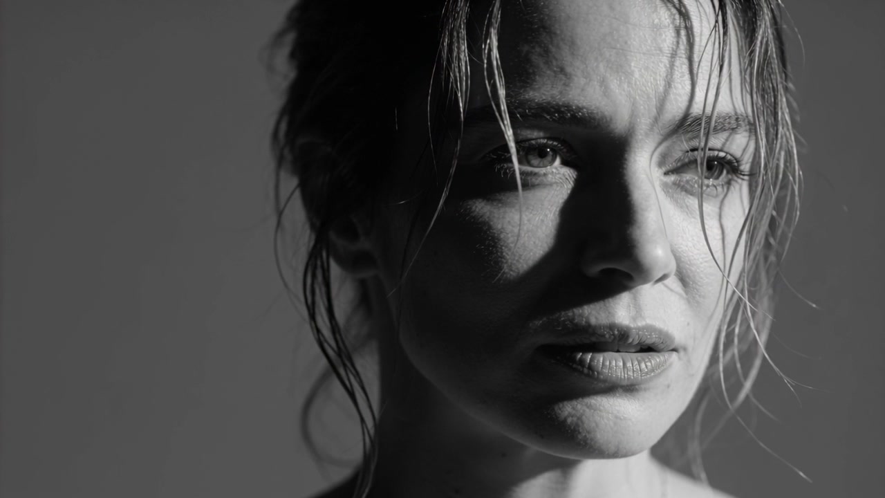 Attrice che risponde a un segnale fuori campo, spostando lo sguardo e recitando in studio, con i capelli bagnati.
