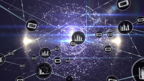 animación de la red de conexiones con iconos en todo el mundo con puntos brillantes