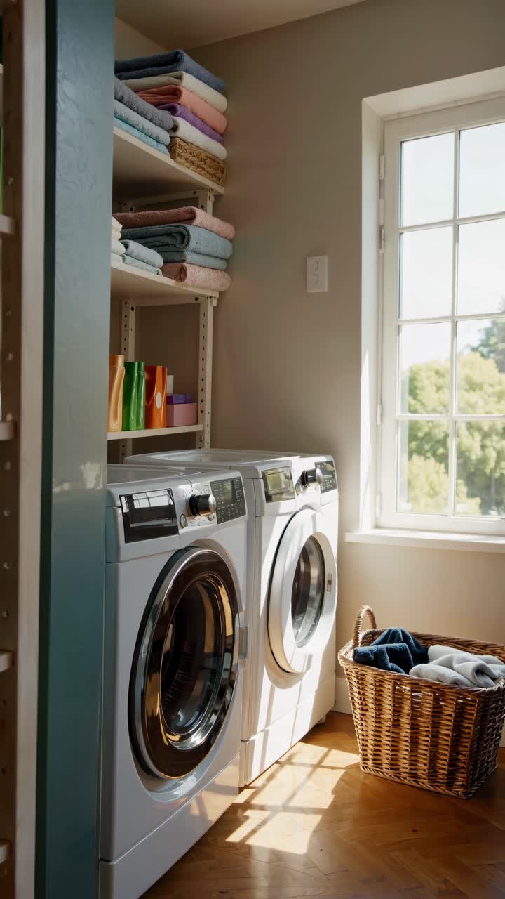 Bright laundry room with stacked towels and supplies, front-load washers, and a wicker basket