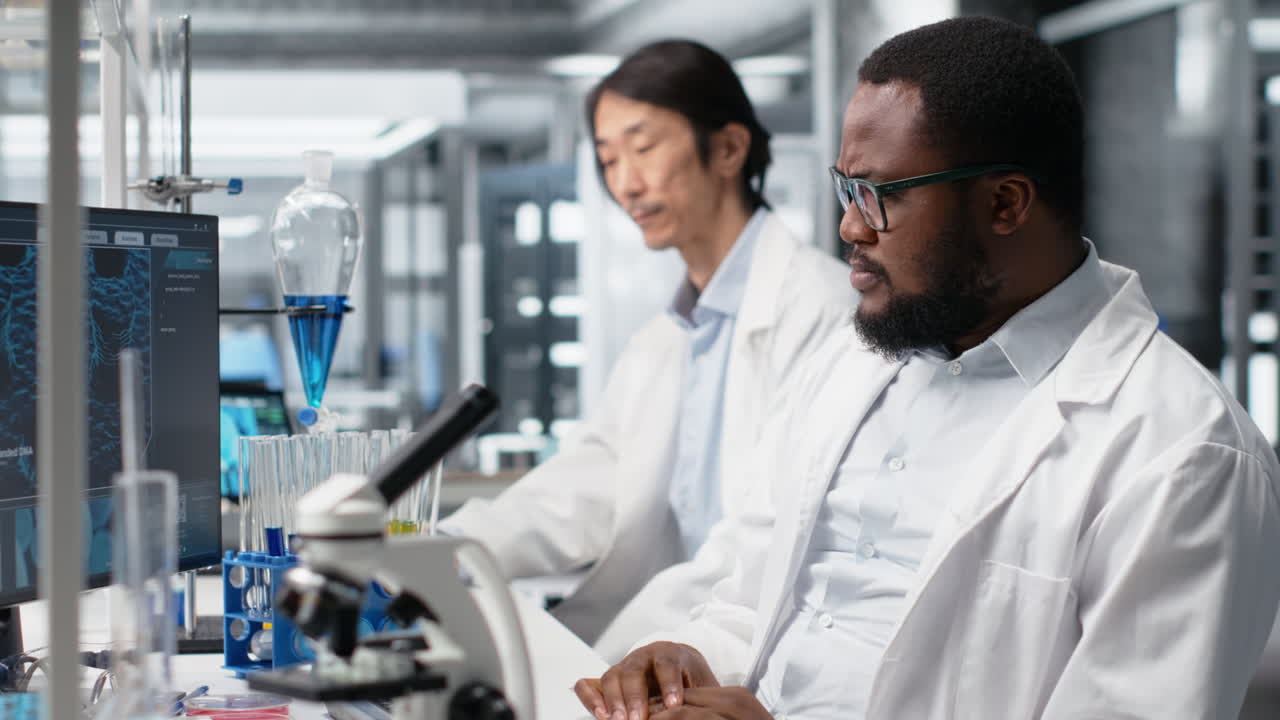 Vertical video Scientist working on PC in lab, evaluating genetic markers