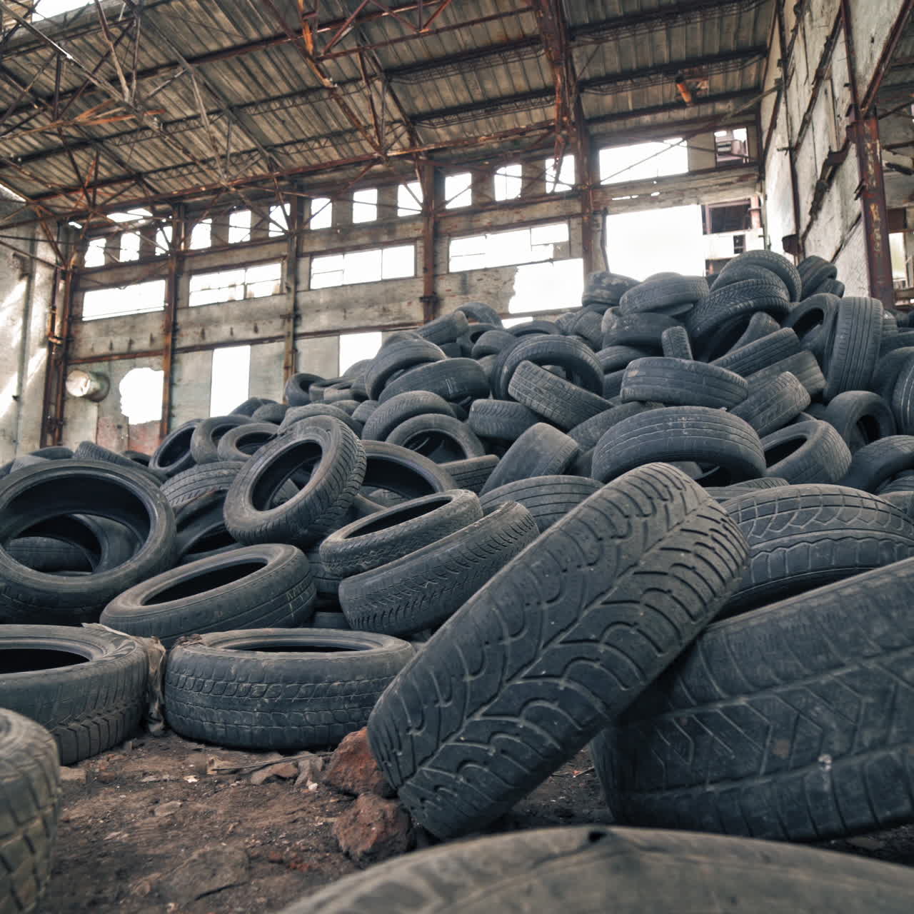 Black junk tires lying on the floor in the old abandoned building. Many used rubber tires from different vehicles are on a desolate plant inside.