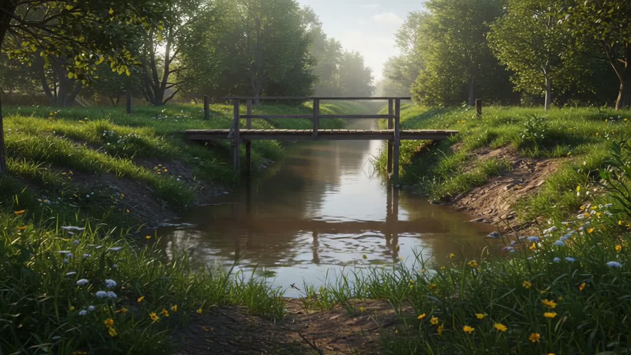 Serene Landscape with a Tranquil Stream and Bridge Surrounded by Lush Greenery and Wildflowers Captured in Beautiful Morning Light